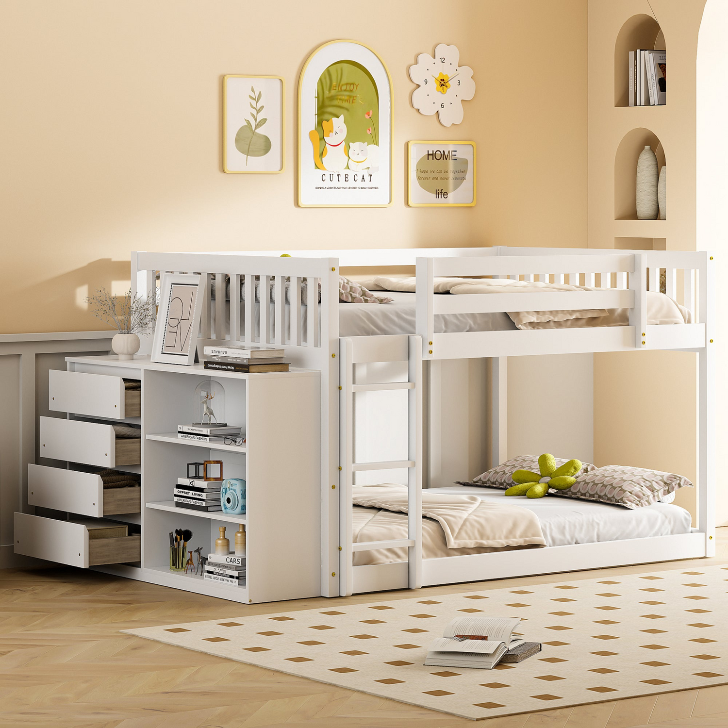 Elegant solid wood bunk bed with built-in shelves and storage drawers, featuring a sturdy design from Start2Finish furniture.