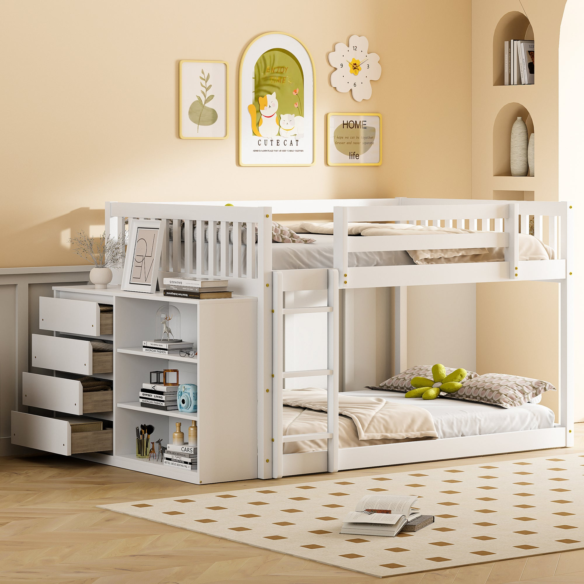 Elegant solid wood bunk bed with built-in shelves and storage drawers, featuring a sturdy design from Start2Finish furniture.