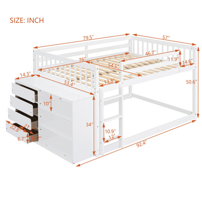 Elegant solid wood bunk bed with built-in shelves and storage drawers, showcasing a sturdy finish and modern design in natural wood tones.