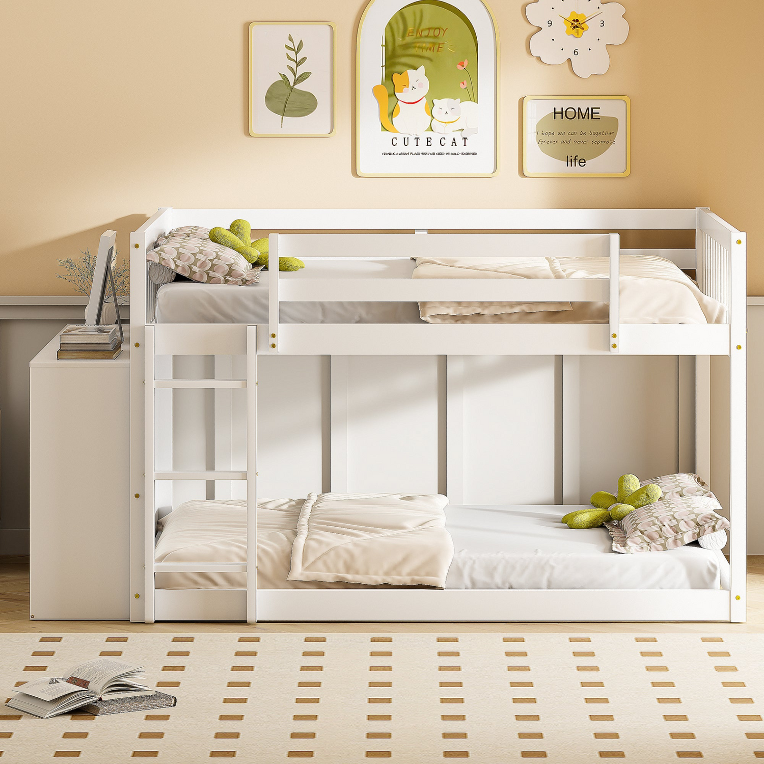Elegant solid wood bunk bed with built-in shelves and storage drawers by Start2Finish, showcasing a sturdy design and natural wood finish.