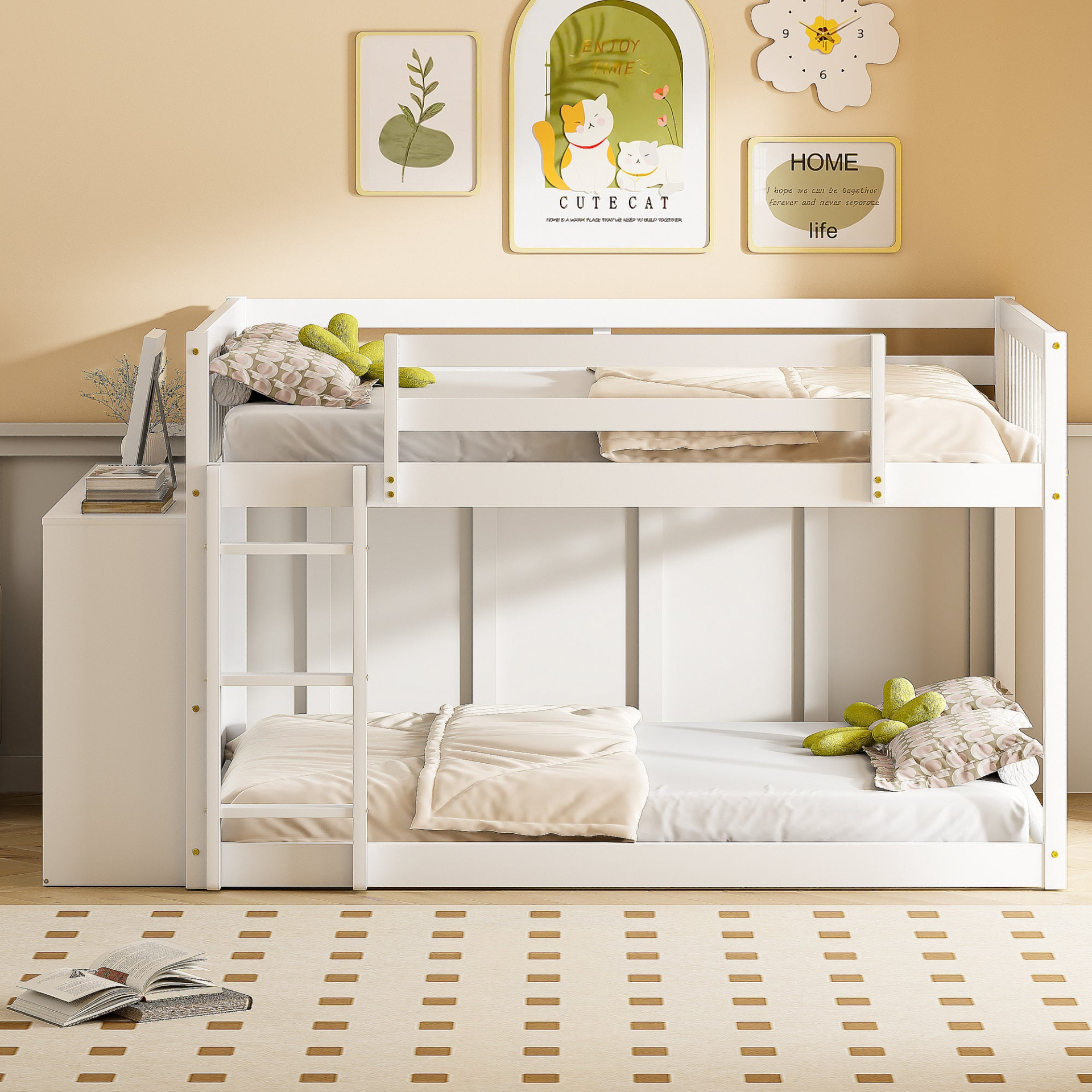 Elegant solid wood bunk bed with built-in shelves and storage drawers by Start2Finish, showcasing a sturdy design and natural wood finish.