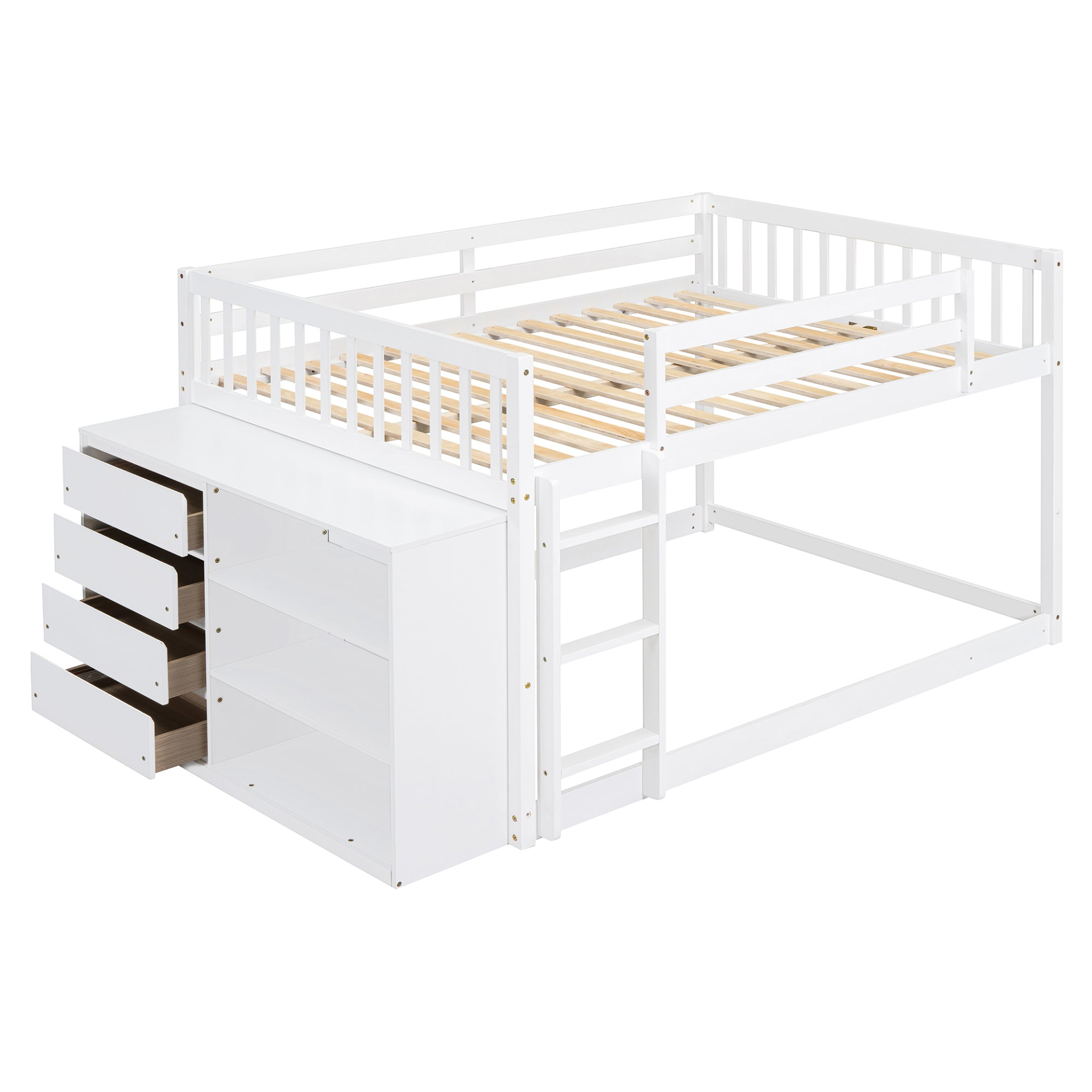 Solid wood bunk bed by Start2Finish featuring built-in shelves and storage drawers in a modern, durable furniture design