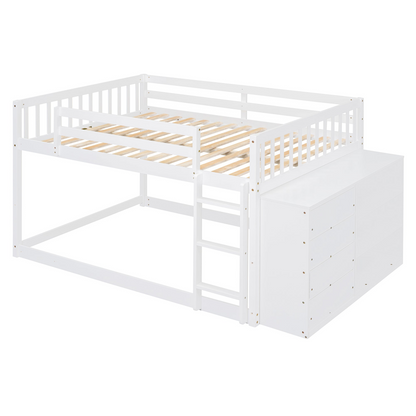 Elegant solid wood bunk bed by Start2Finish with built-in shelves and storage drawers, showcasing a sturdy design and natural wood finish.
