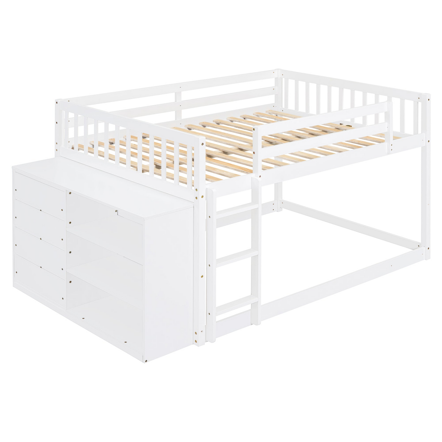Start2Finish solid wood bunk bed with built-in shelves and storage drawers, showcasing a sturdy, elegant furniture design.