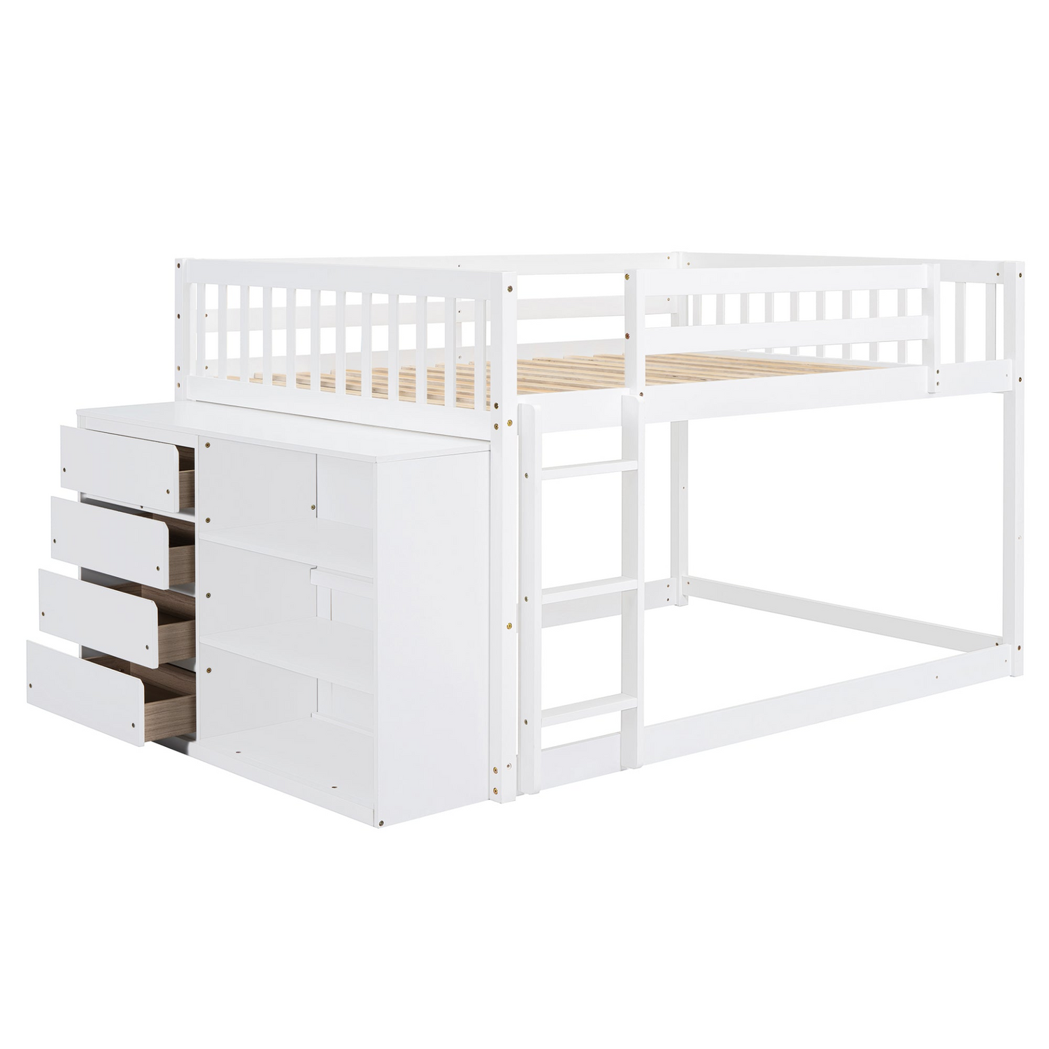 Elegant solid wood bunk bed with built-in shelves and storage drawers, crafted by Start2Finish for durable, functional furniture.