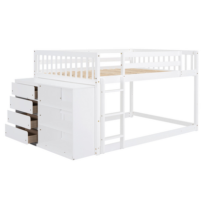 Elegant solid wood bunk bed with built-in shelves and storage drawers, crafted by Start2Finish for durable, functional furniture.