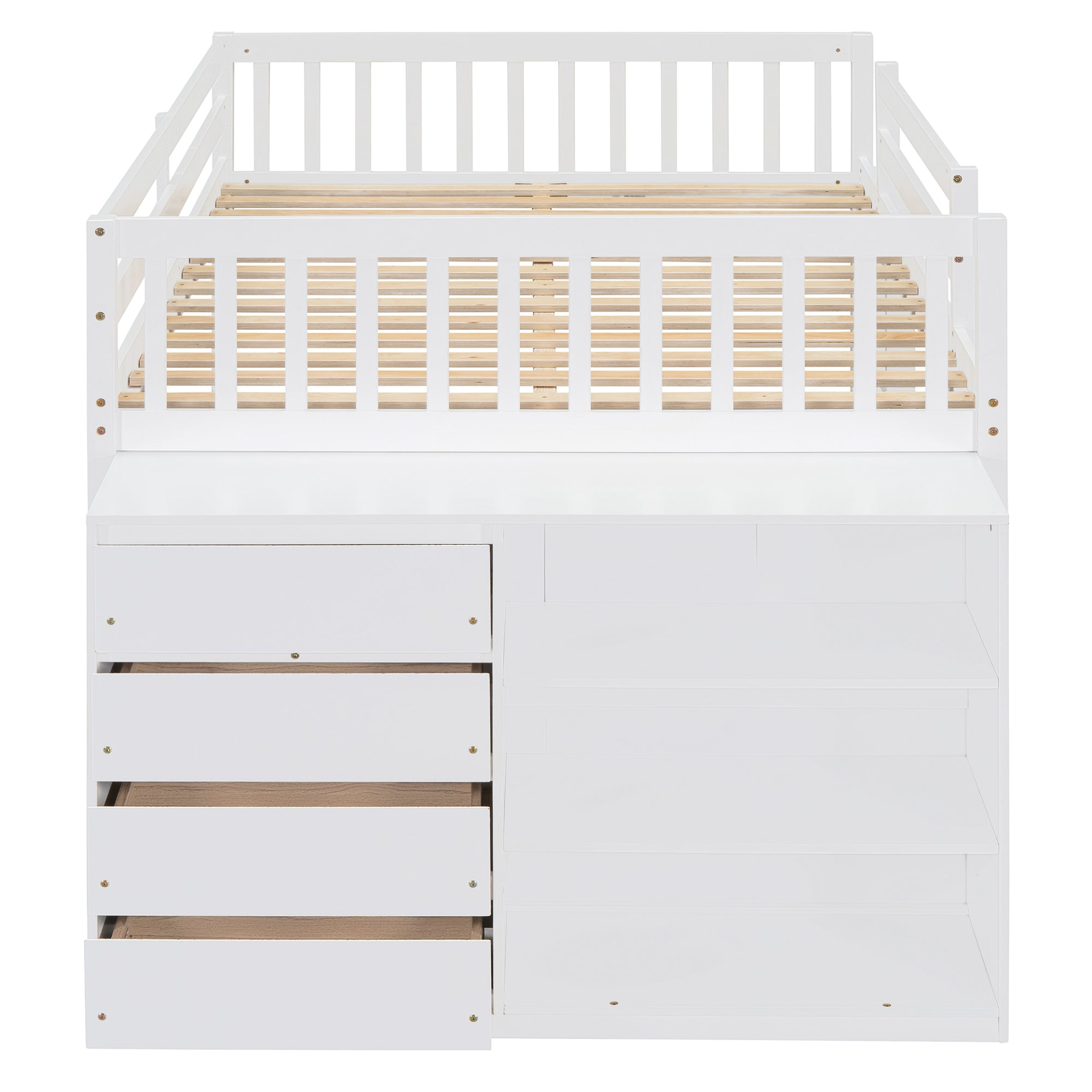 Elegant solid wood bunk bed by Start2Finish featuring built-in shelves and storage drawers in a durable furniture design.