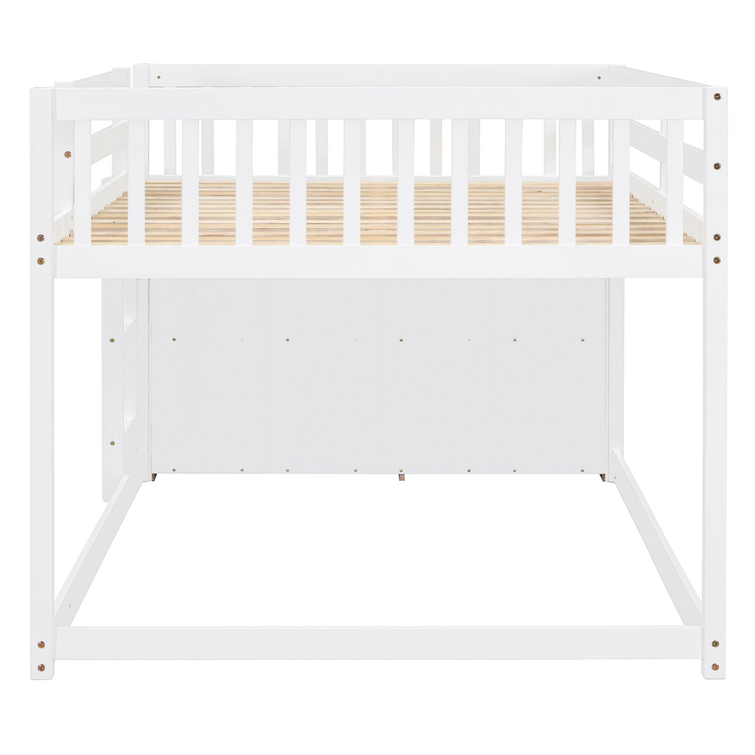 Elegant solid wood bunk bed with built-in shelves and storage drawers, featuring a sturdy finish and classic furniture design.