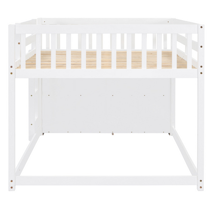 Elegant solid wood bunk bed with built-in shelves and storage drawers, featuring a sturdy finish and classic furniture design.