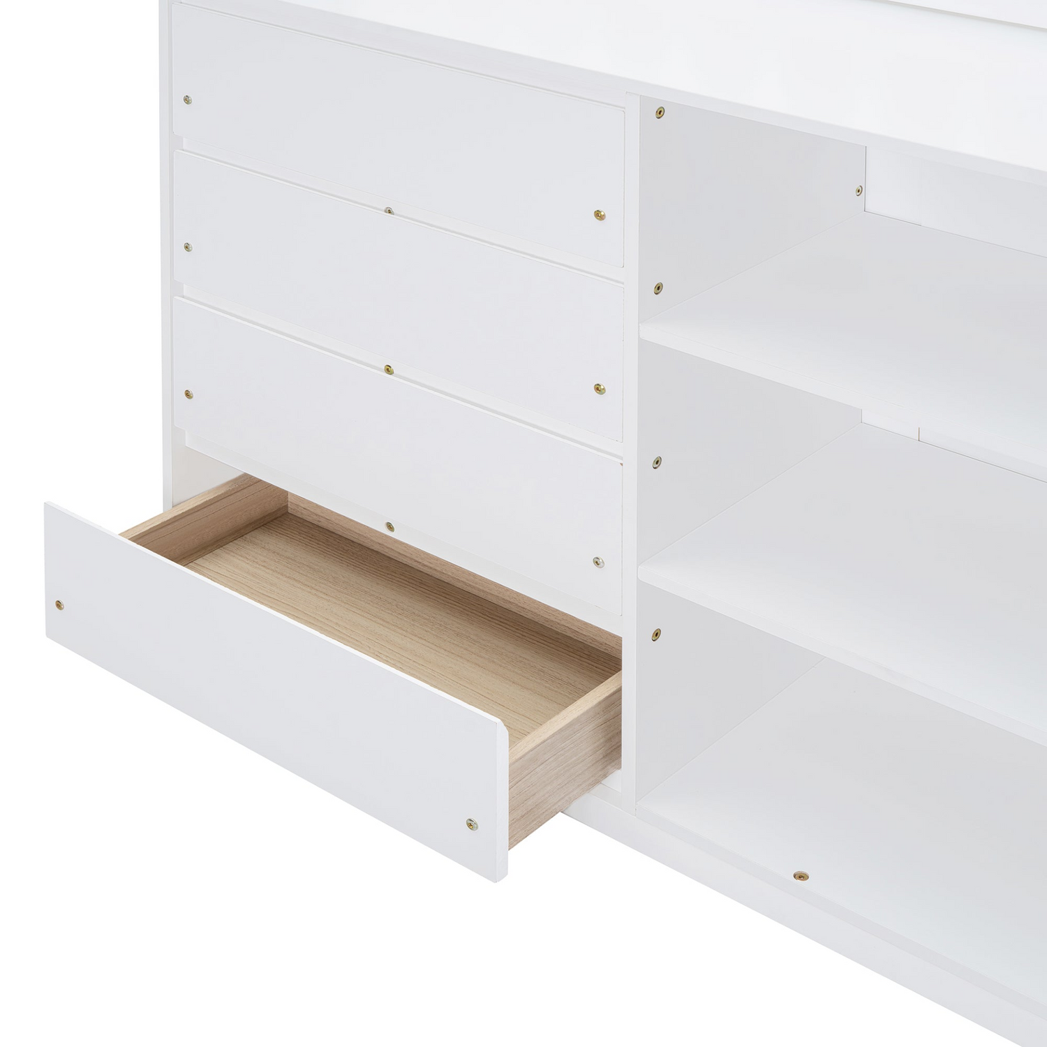 Durable solid wood bunk bed with built-in shelves and storage drawers, featuring a sleek, elegant design in natural wood finish.