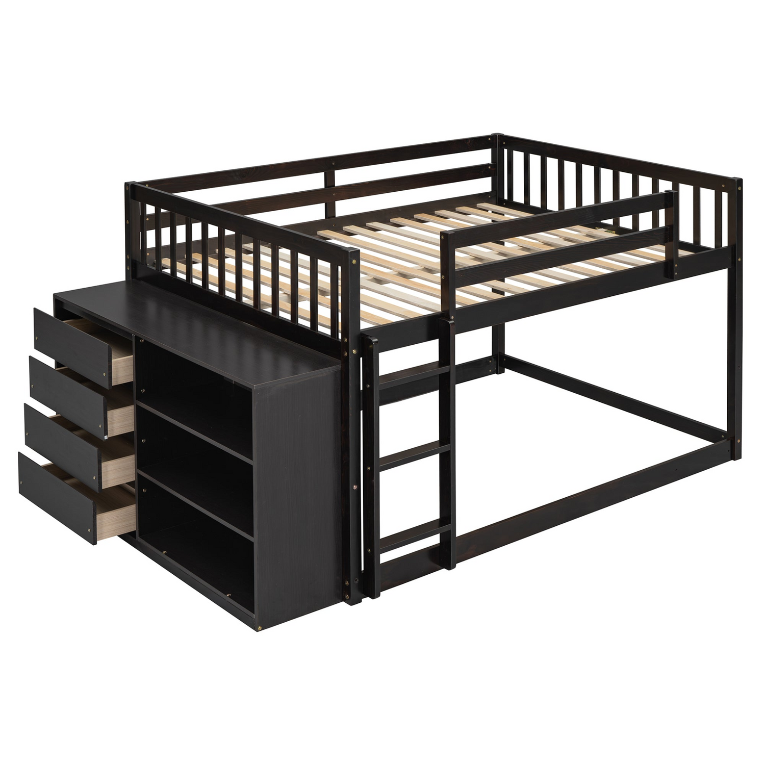 Elegant solid wood bunk bed with built-in shelves and storage drawers, featuring a sturdy design and natural wood finish.