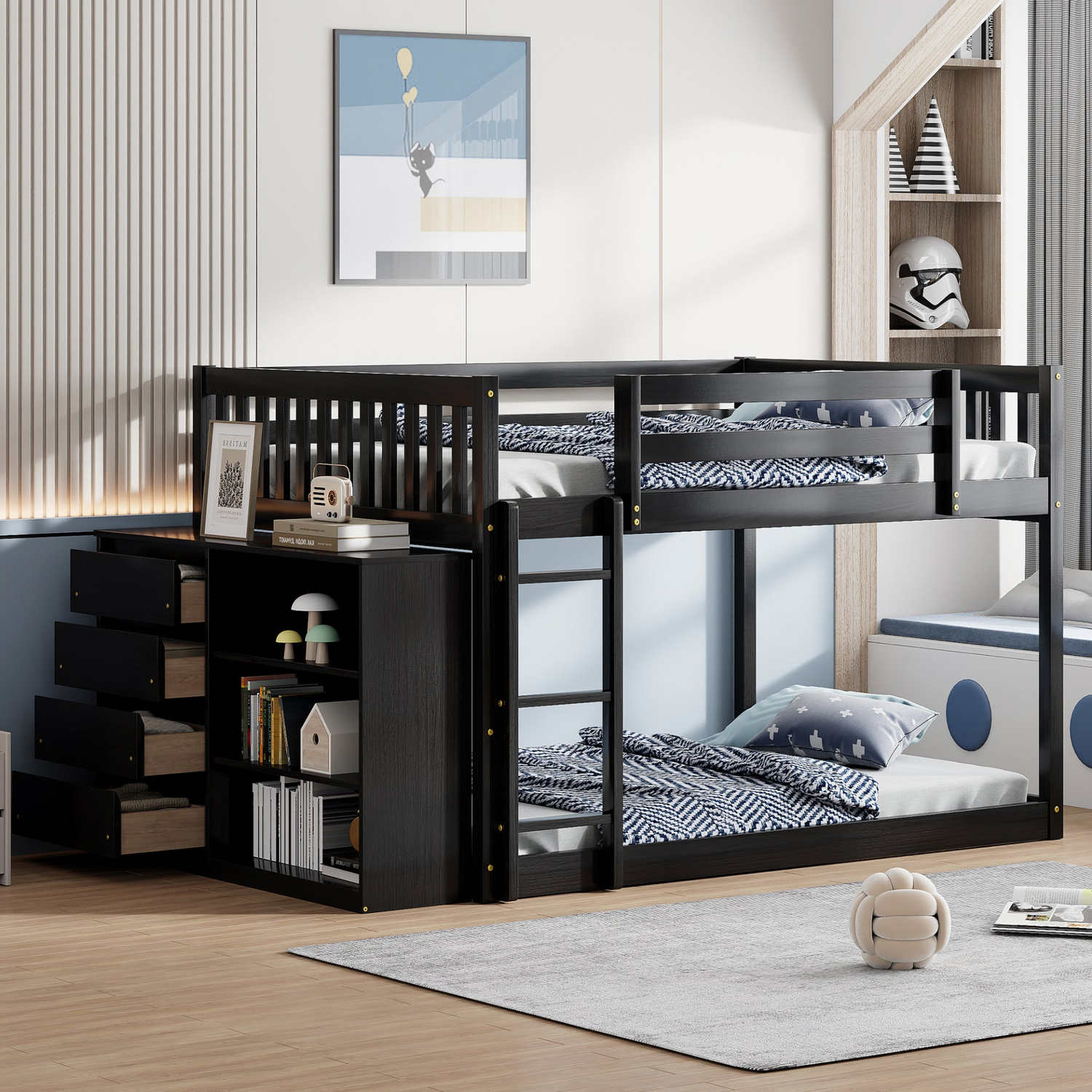 Durable solid wood bunk bed with built-in shelves and storage drawers, stylish furniture by Start2Finish for space-saving comfort.