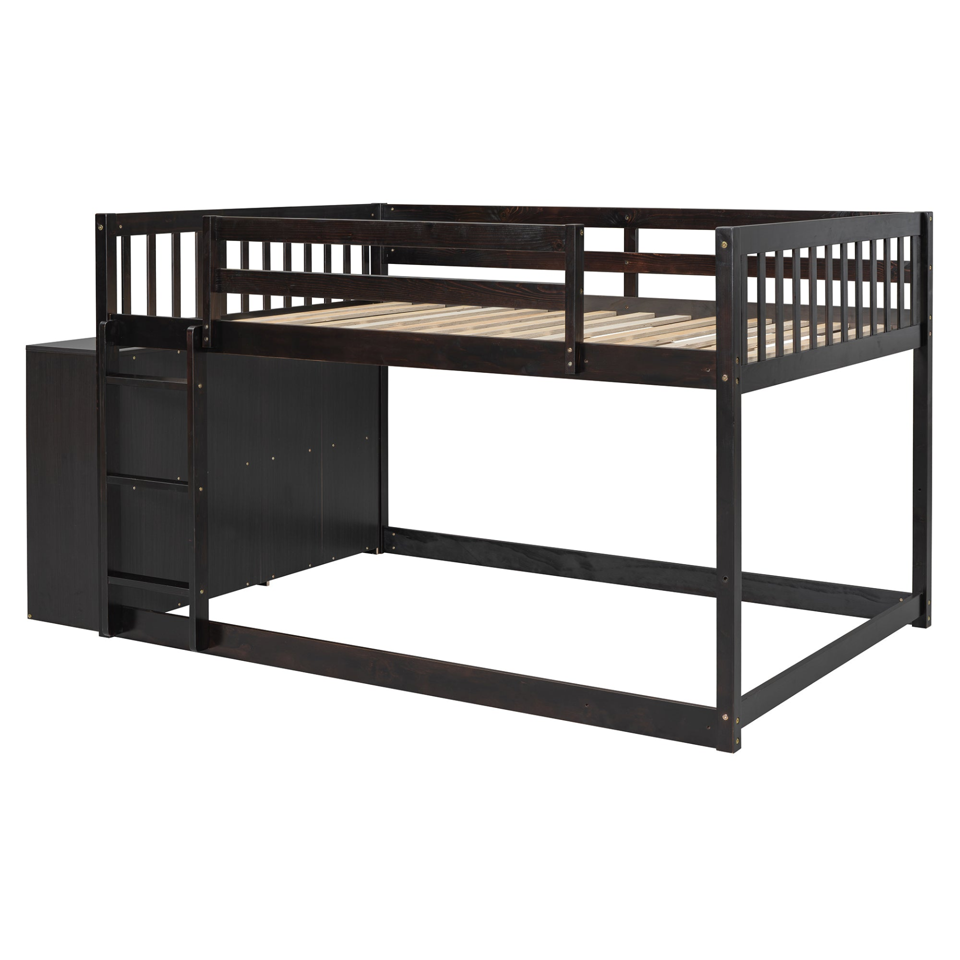 Elegant solid wood bunk bed by Start2Finish with built-in shelves and storage drawers, showcasing a sturdy, stylish furniture design.