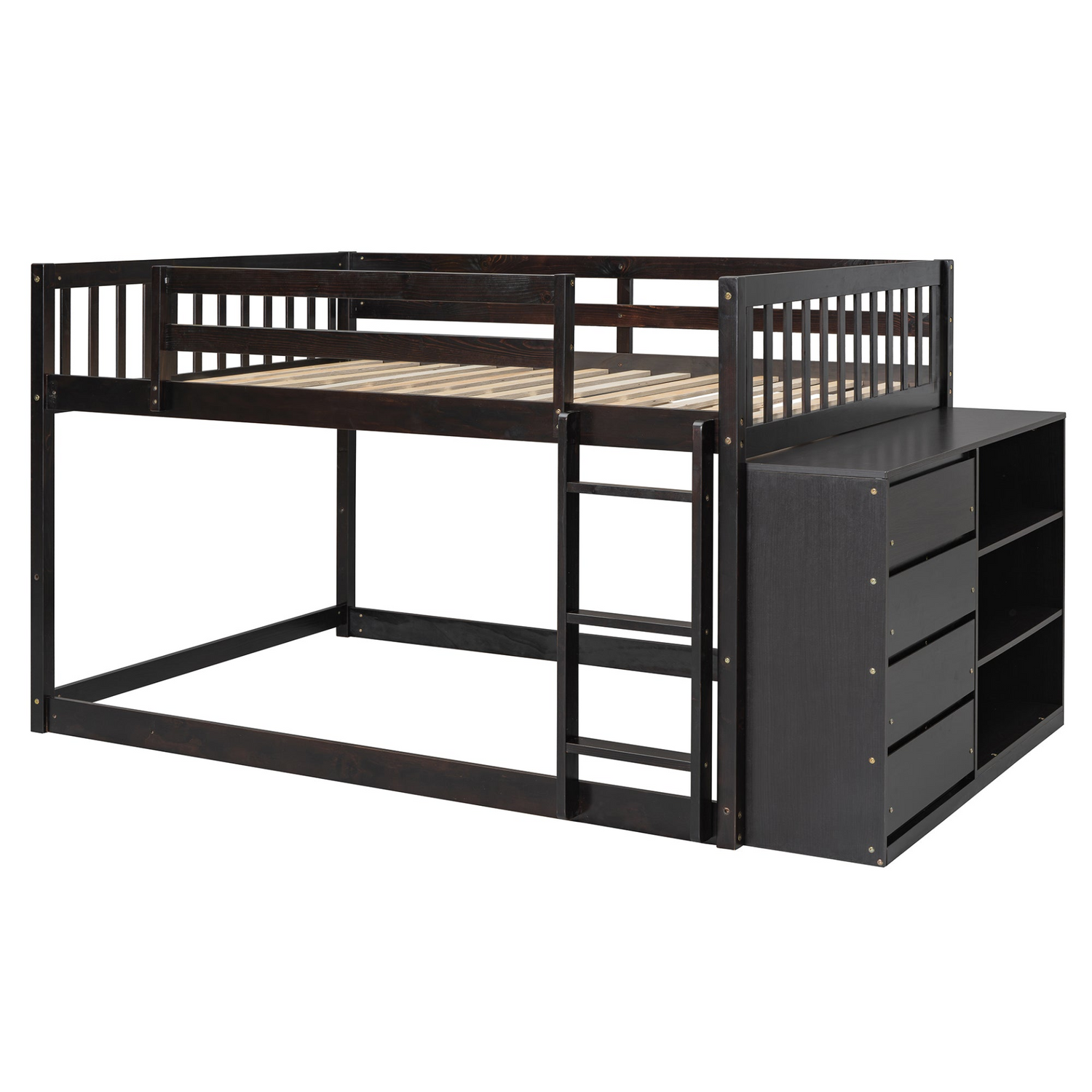 Solid wood bunk bed by Start2Finish with built-in shelves and storage drawers, showcasing an elegant, durable furniture piece for bedrooms.