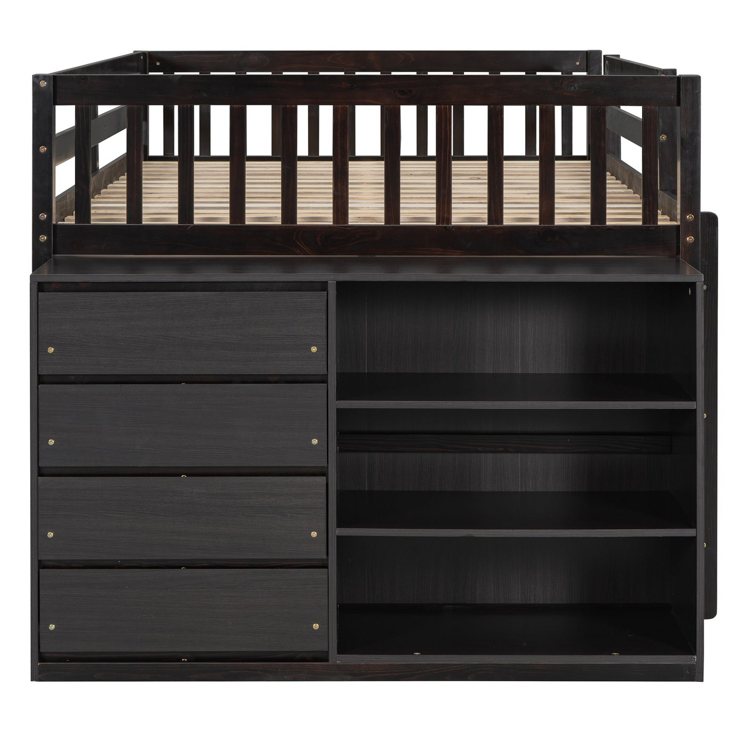 Elegant solid wood bunk bed by Start2Finish with built-in shelves and storage drawers, showcasing a sturdy design and natural wood finish.