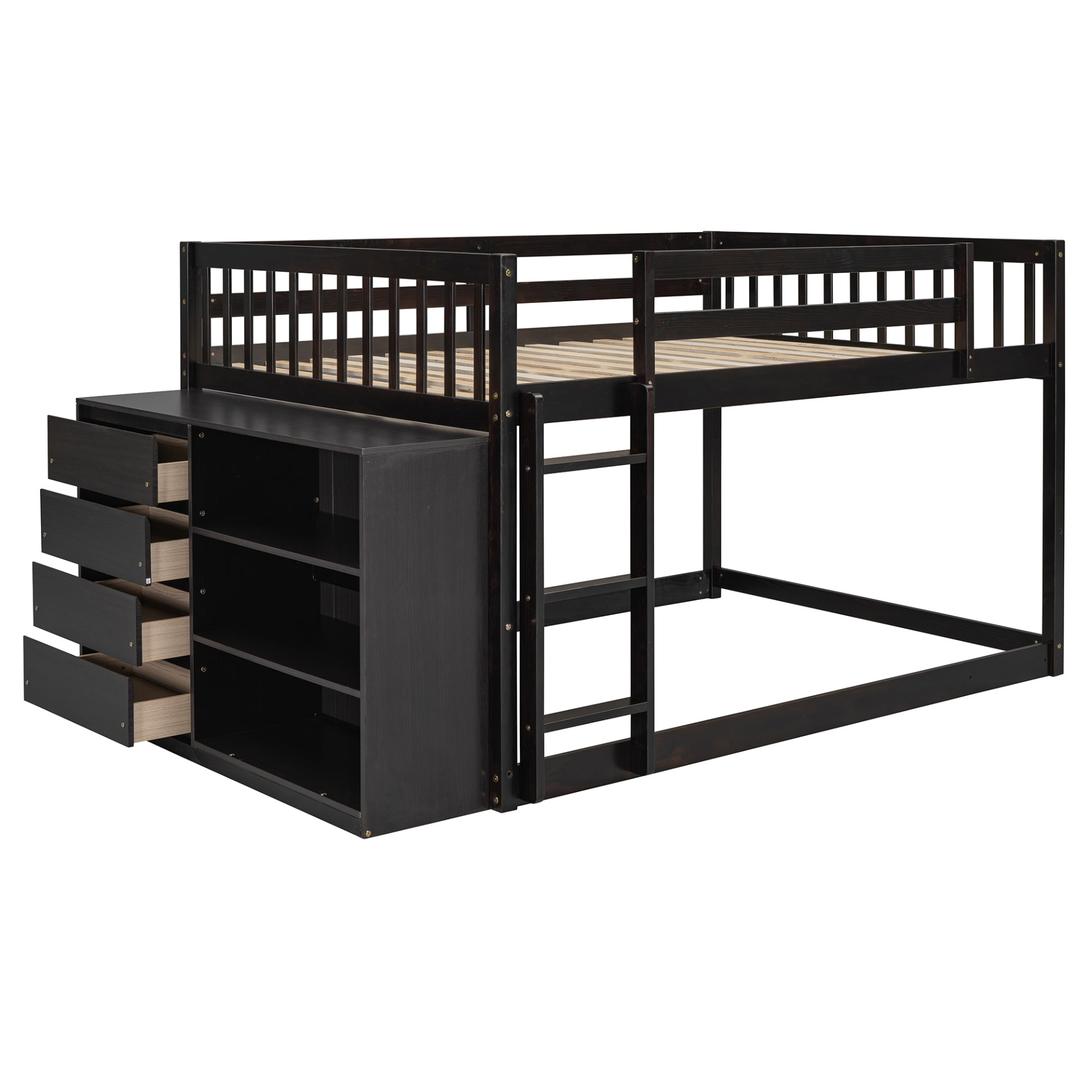 Elegant solid wood bunk bed with built-in shelves and storage drawers, showcasing sturdy furniture design by Start2Finish
