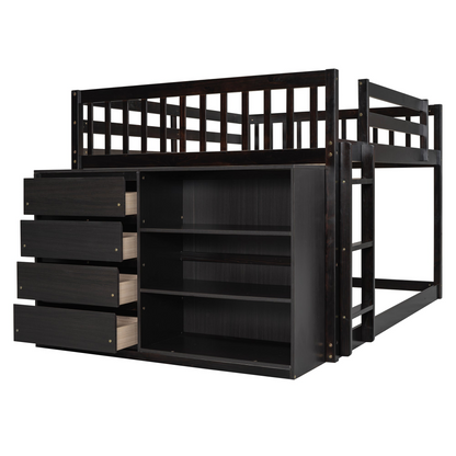 Solid wood bunk bed with built-in shelves and storage drawers, durable furniture by Start2Finish, showcasing a modern bedroom design.