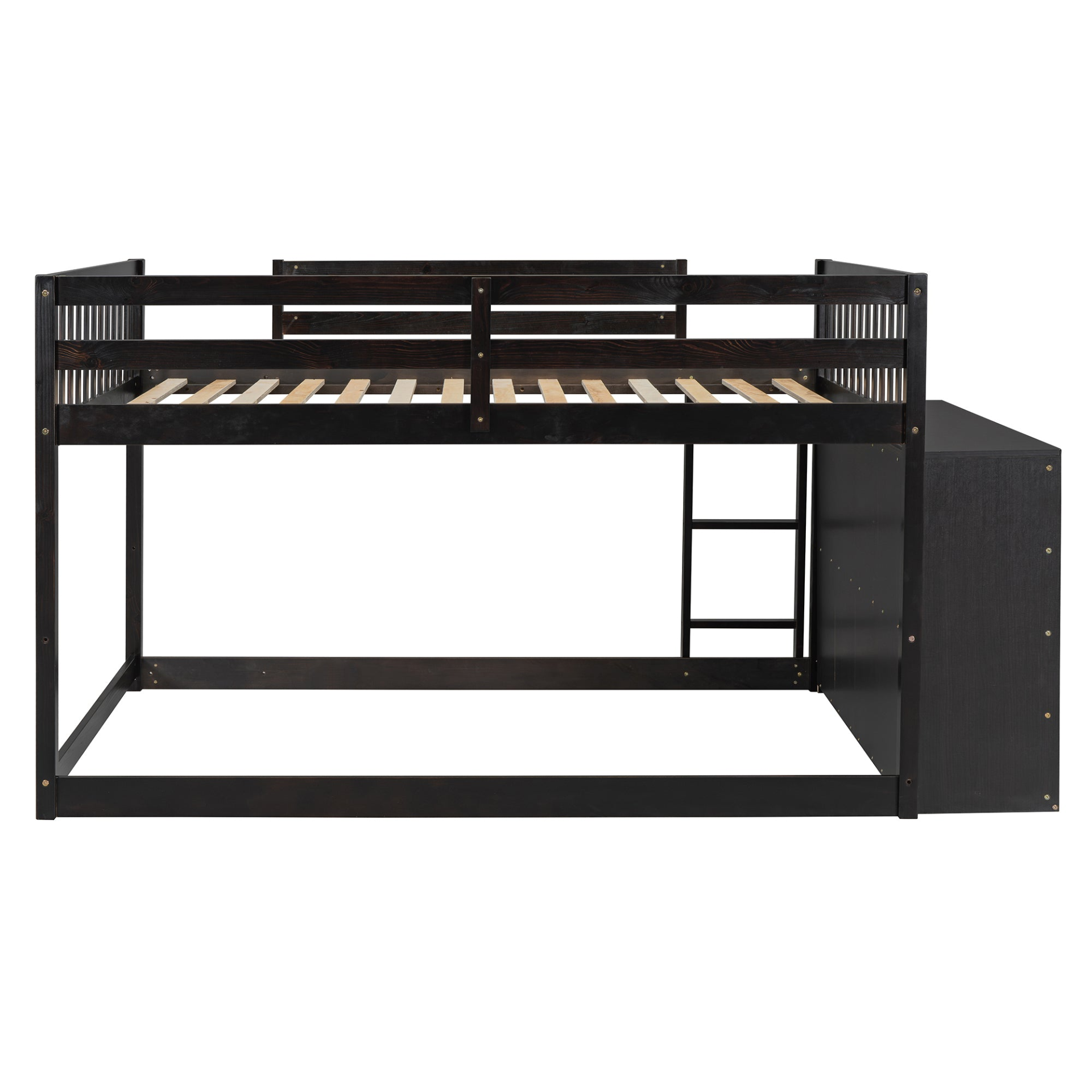Start2Finish solid wood bunk bed with built-in shelves and storage drawers, showcasing sturdy construction and natural wood finish.