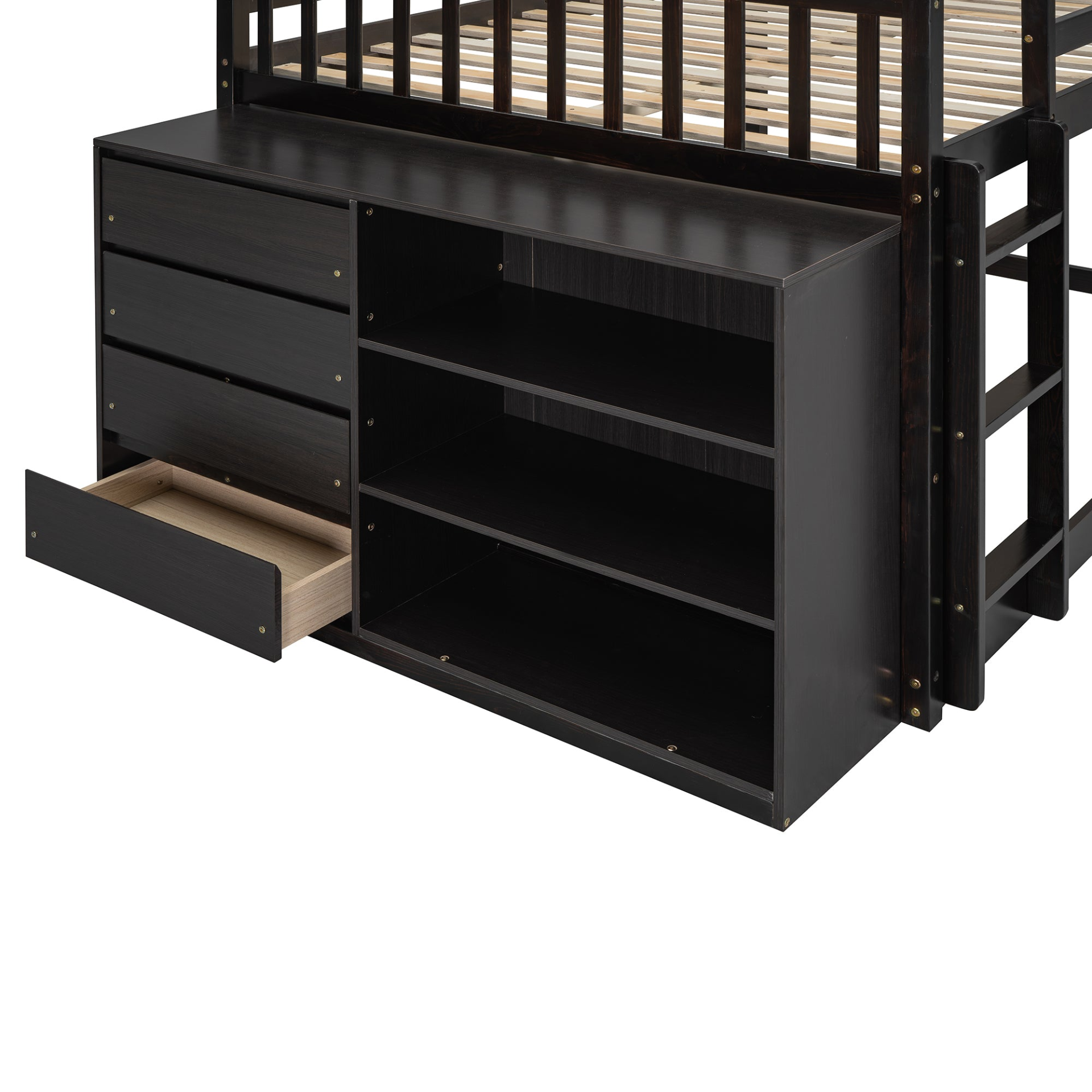 Elegant solid wood bunk bed by Start2Finish with built-in shelves and storage drawers, showcasing sturdy construction and classic design.