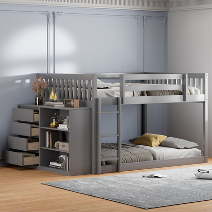 Solid wood bunk bed by Start2Finish with built-in shelves and storage drawers, showcasing a sturdy and elegant furniture design.