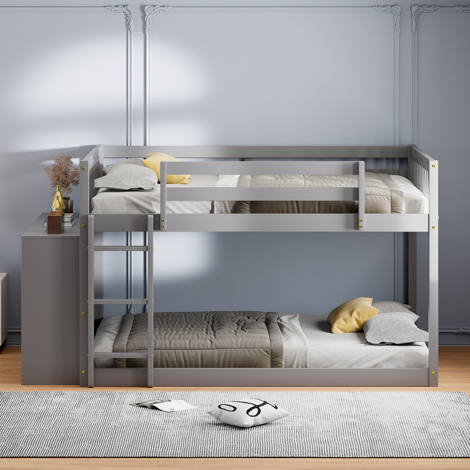 Elegant solid wood bunk bed by Start2Finish featuring built-in shelves and storage drawers, with a sturdy design and natural wood finish.
