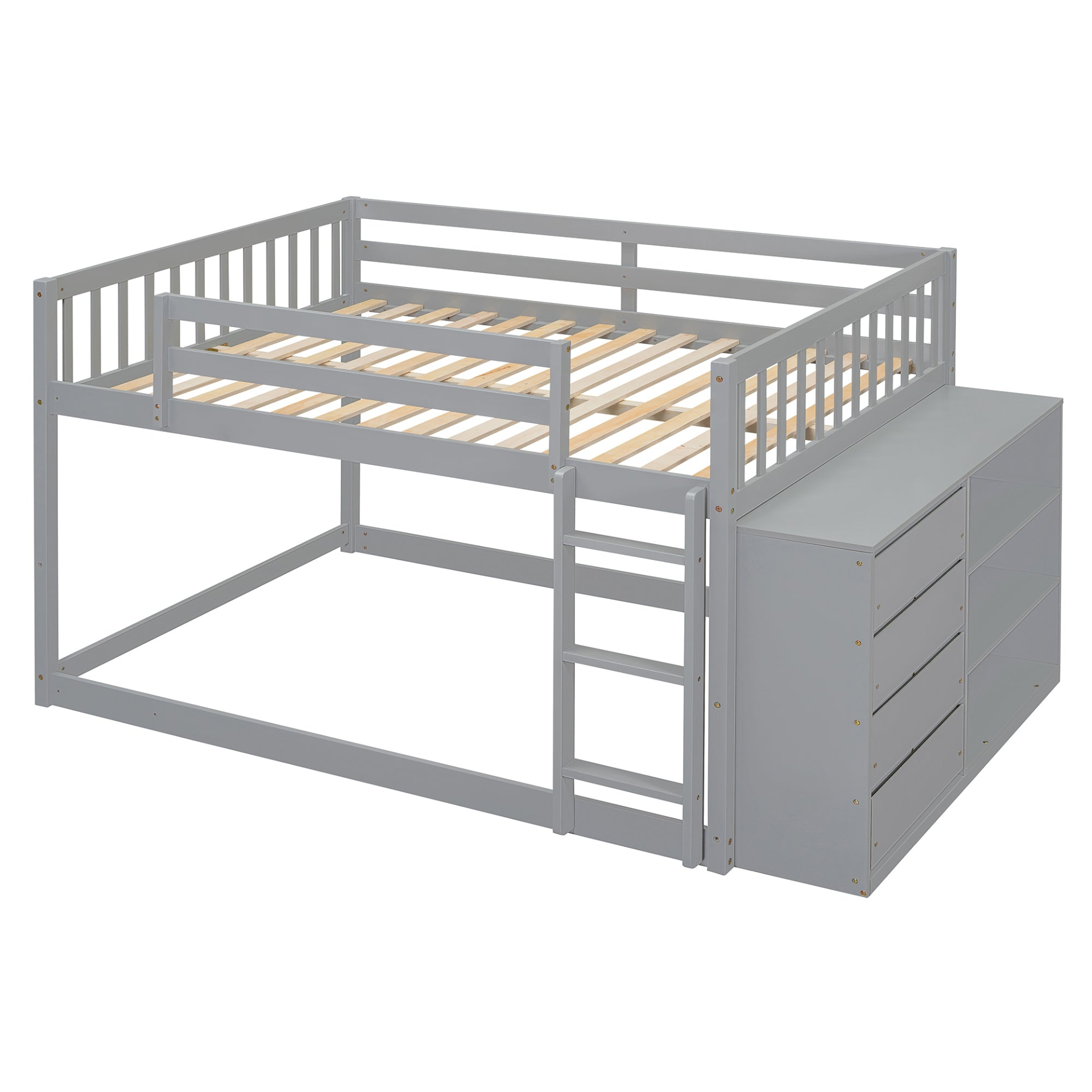 Solid wood bunk bed with built-in shelves and storage drawers, showcasing durable furniture design by Start2Finish.