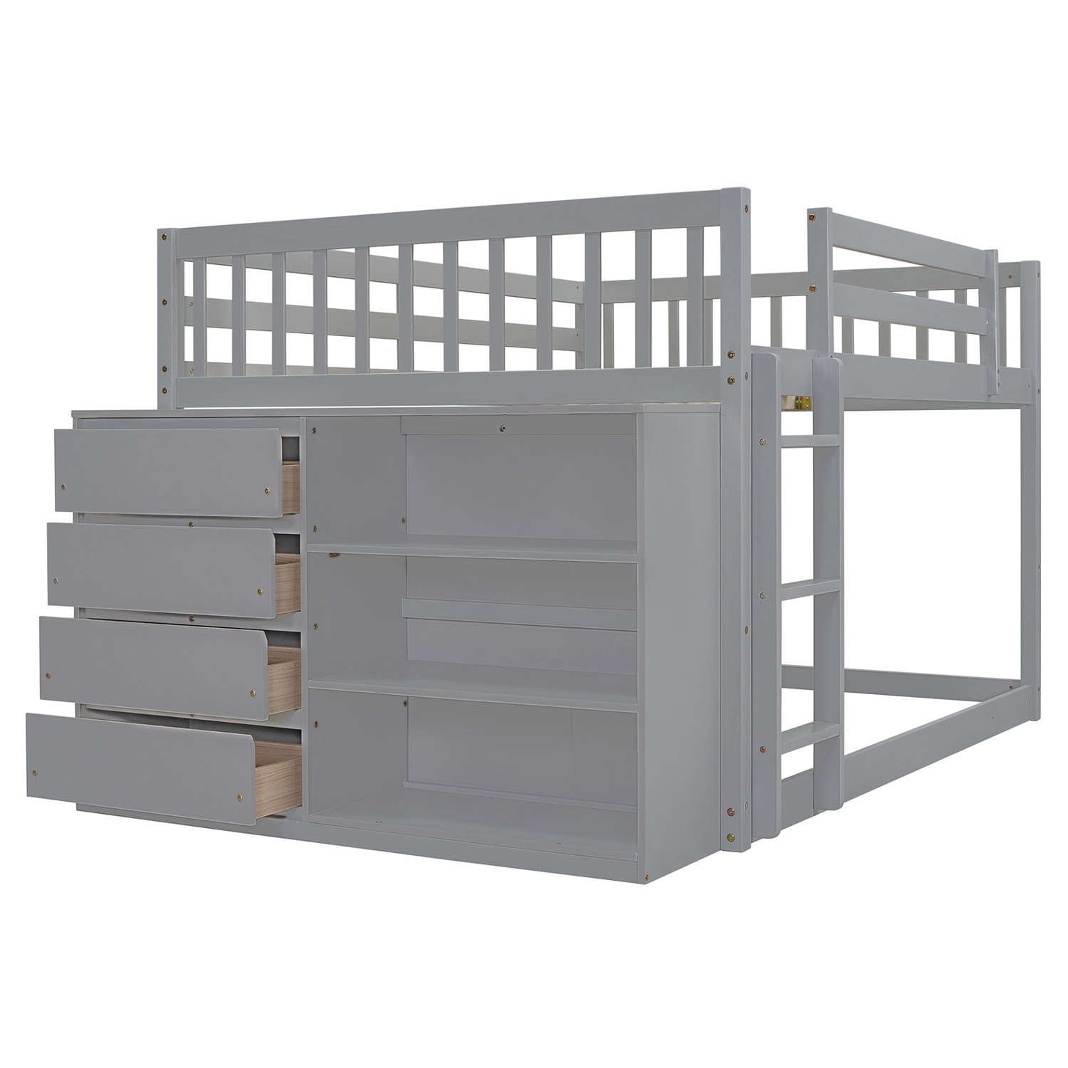 Start2Finish solid wood bunk bed with built-in shelves and storage drawers, showcasing a sturdy, elegant furniture design.