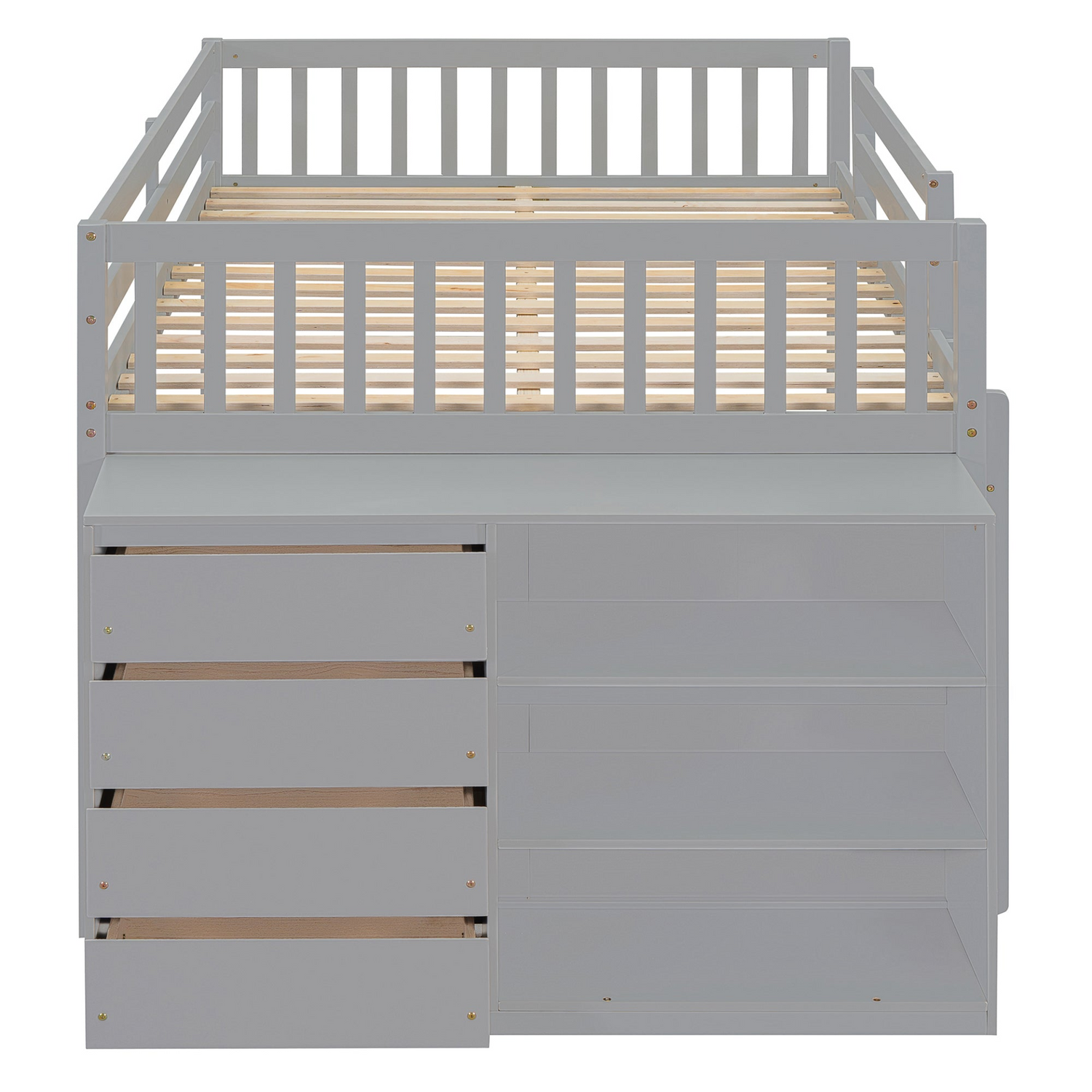 Solid wood bunk bed with built-in shelves and storage drawers, durable furniture by Start2Finish, designed for space-saving comfort