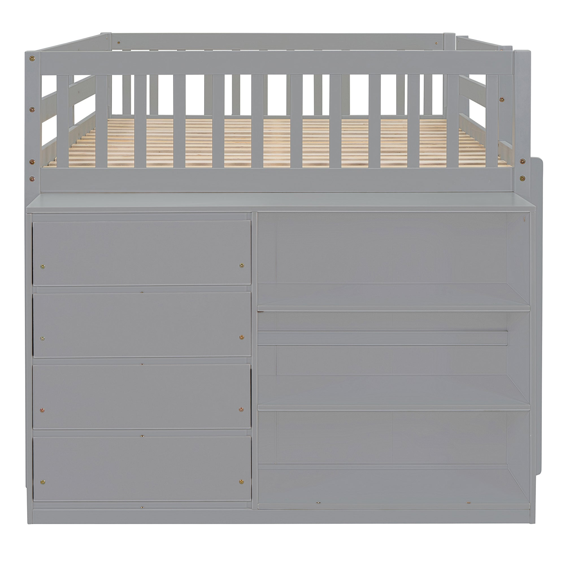 Elegant solid wood bunk bed by Start2Finish with built-in shelves and storage drawers, showcasing a sturdy, stylish furniture piece.