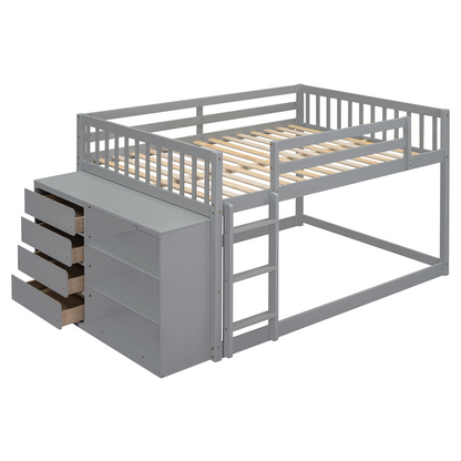 Elegant solid wood bunk bed with built-in shelves and storage drawers, featuring a sturdy design and natural wood finish.
