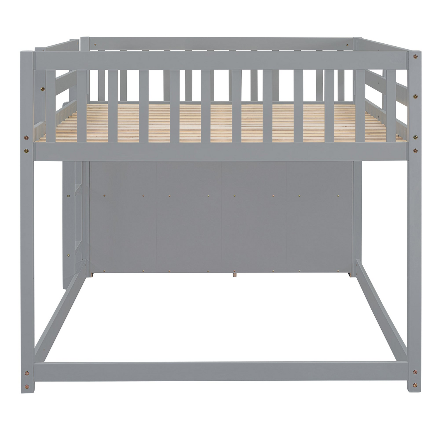 Elegant solid wood bunk bed by Start2Finish with built-in shelves and storage drawers, showcasing a sturdy design and natural wood finish.