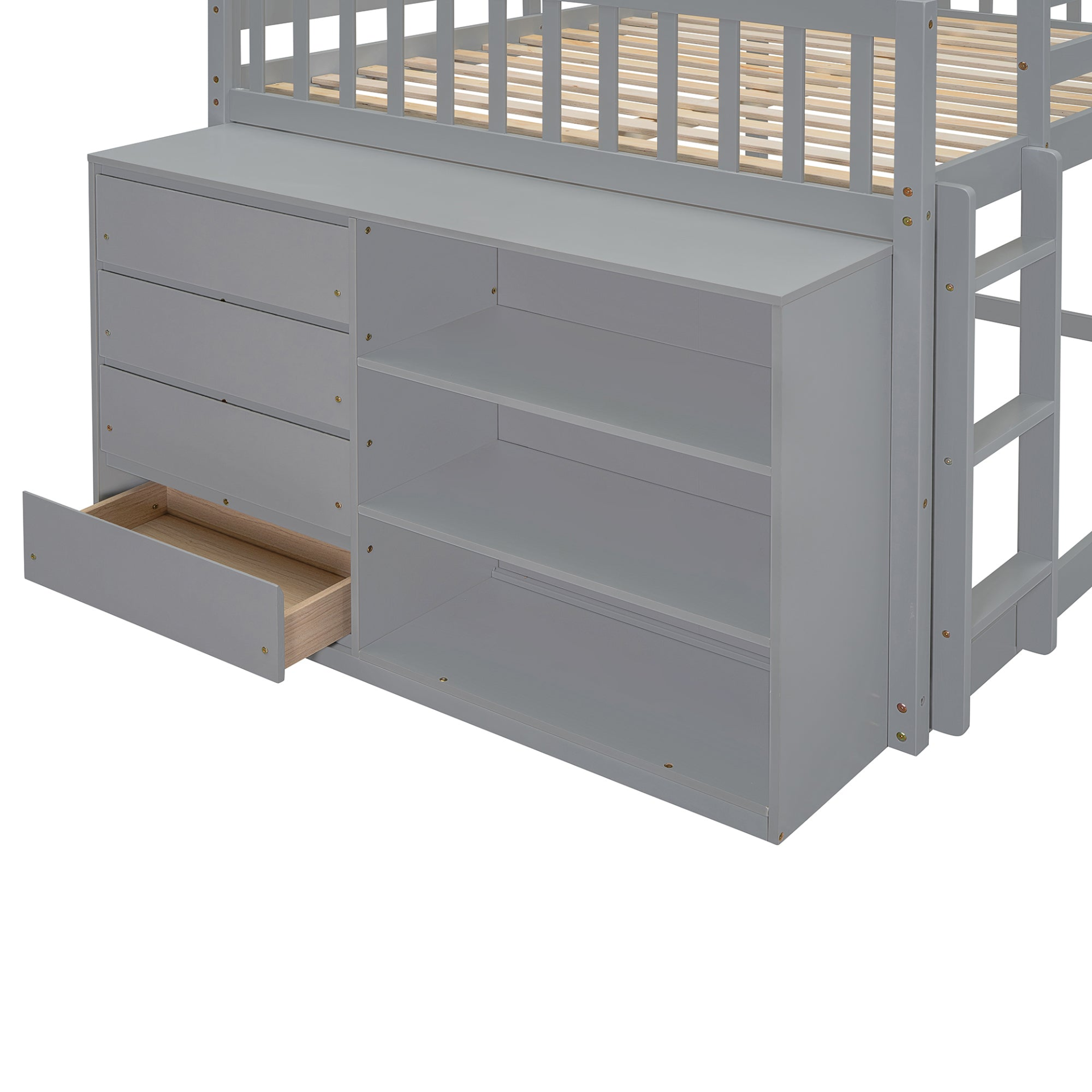 Start2Finish solid wood bunk bed with built-in shelves and storage drawers, featuring a sturdy design and natural wood finish.
