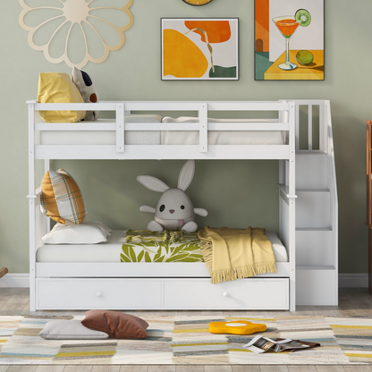 Start2Finish Stairway Full-Over-Full Bunk Bed with twin trundle, storage drawers, and guard rails in a bedroom setting.