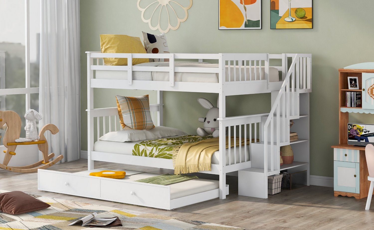 Start2Finish stairway full-over-full bunk bed with twin trundle, storage drawers, and safety guard rail in a bedroom setting.