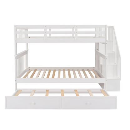 Start2Finish stairway full-over-full bunk bed with twin trundle, storage drawers, and guard rails in a bedroom setup