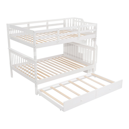 Start2Finish stairway full-over-full bunk bed with twin trundle, storage drawers, and guard rail in a bedroom setting