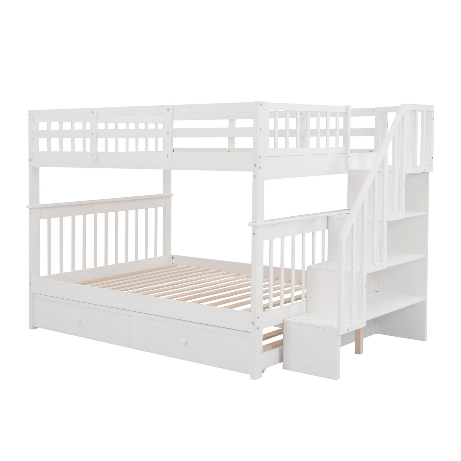Start2Finish stairway full-over-full bunk bed with twin trundle, storage drawers, and guard rail, ideal for bedroom furniture.