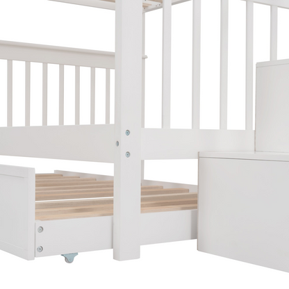 Start2Finish stairway full-over-full bunk bed with twin trundle, storage drawers, and safety guard rail in a bedroom setting.