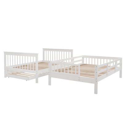 Start2Finish stairway full-over-full bunk bed with twin trundle, storage drawers, and guard rails in a bedroom setting