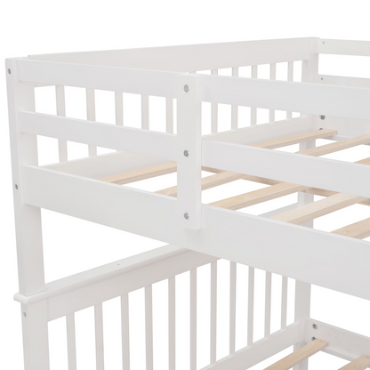 Start2Finish Stairway Full-Over-Full Bunk Bed with Twin Trundle, storage drawers, and guard rails in a bedroom setting