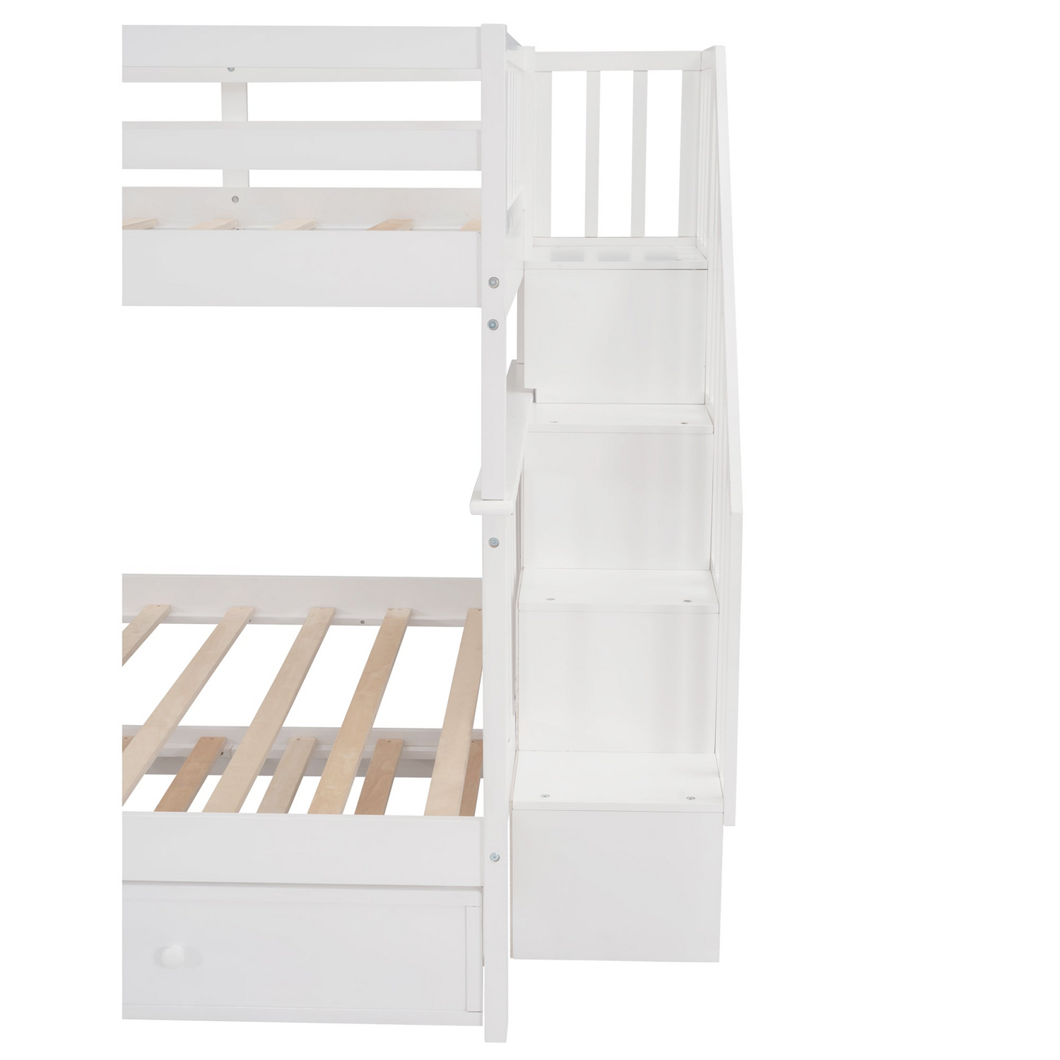 Start2Finish stairway full-over-full bunk bed with twin trundle, storage drawers, and guard rails in a modern bedroom setting.