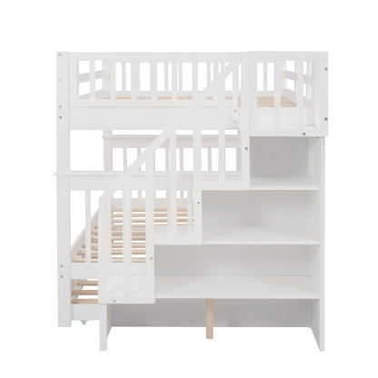 Start2Finish stairway full-over-full bunk bed with twin trundle, storage drawers, and guard rail in a bedroom setting