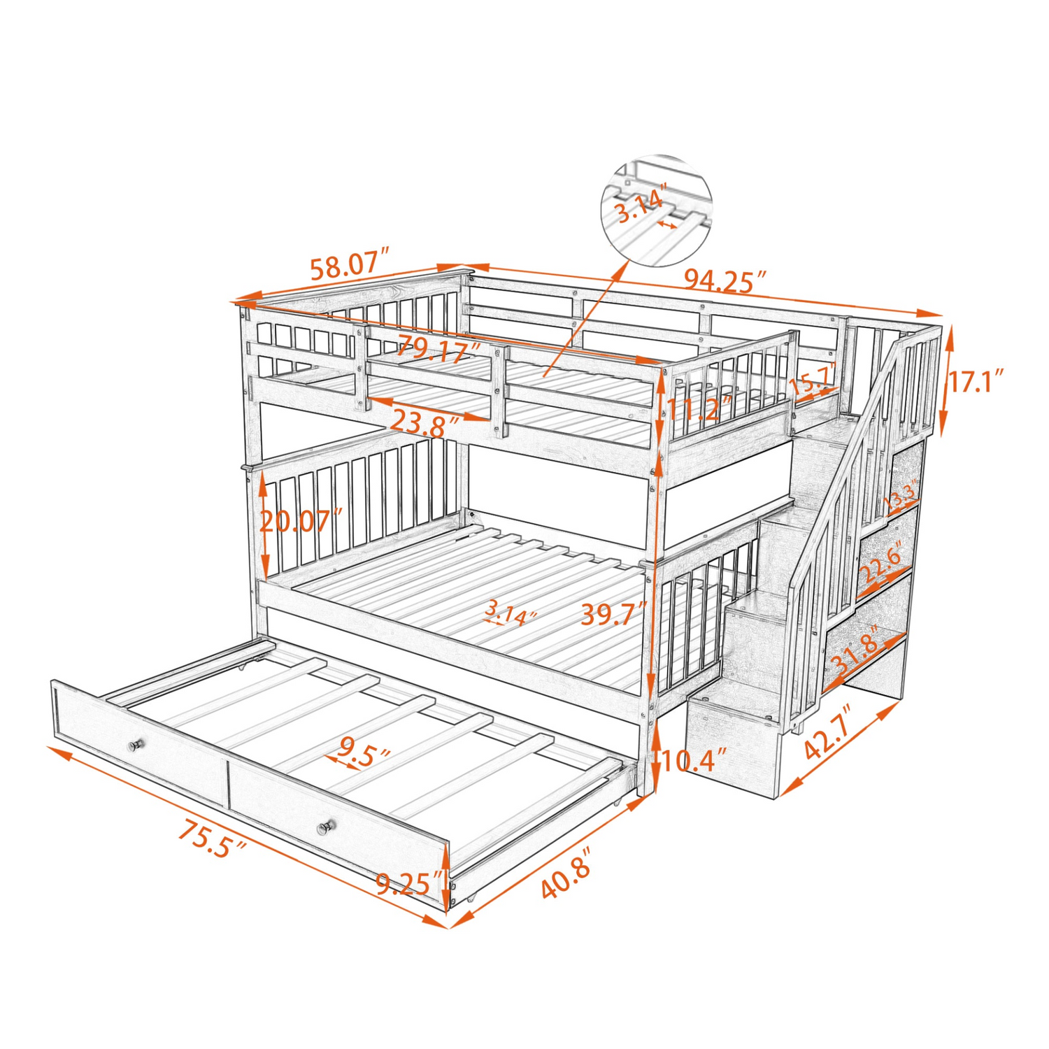 Start2Finish stairway full-over-full bunk bed with twin trundle, storage drawers, and guard rail in a bedroom setting.