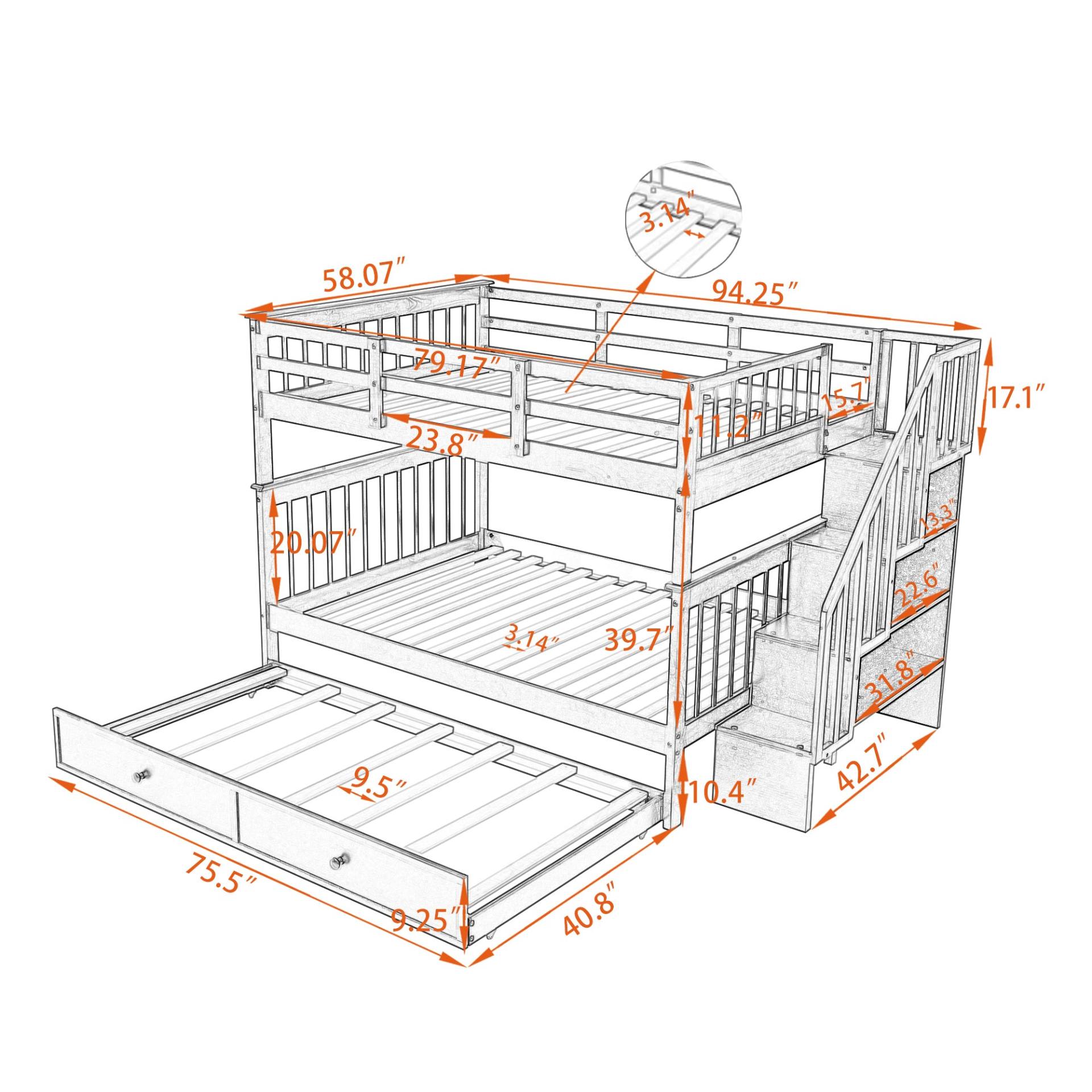 Start2Finish stairway full-over-full bunk bed with twin trundle, storage drawers, and guard rail in a bedroom setting.