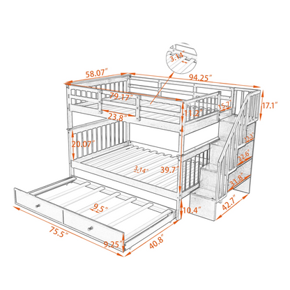Start2Finish stairway full-over-full bunk bed with twin trundle, storage drawers, and guard rail in a bedroom setting.