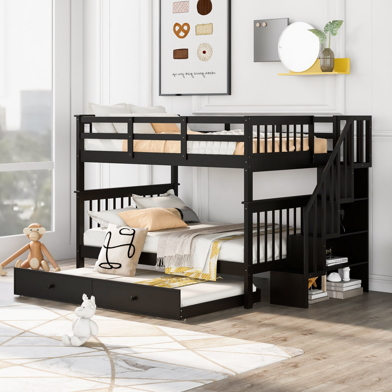 Start2Finish stairway full-over-full bunk bed with twin trundle, storage drawers, and guard rail in a bedroom setting.