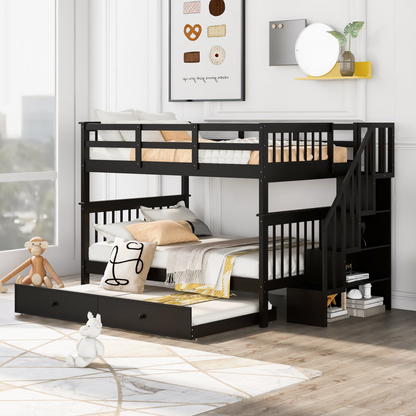 Start2Finish stairway full-over-full bunk bed with twin trundle, storage drawers, and guard rail in a bedroom setting.