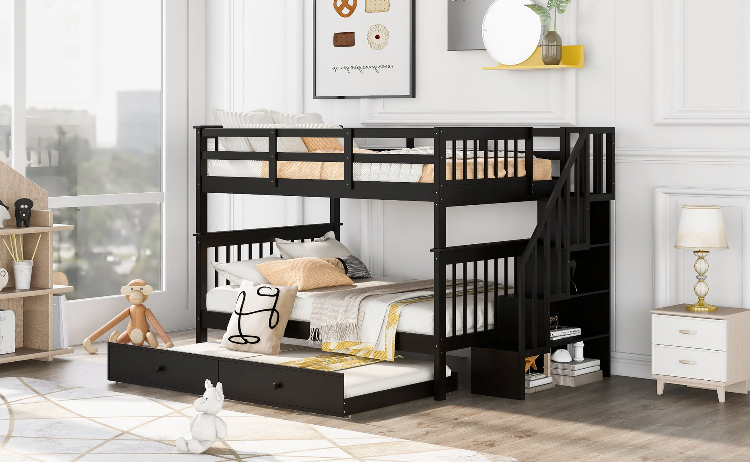 Start2Finish stairway full-over-full bunk bed with twin trundle, storage drawers, and guard rail in a bedroom setting