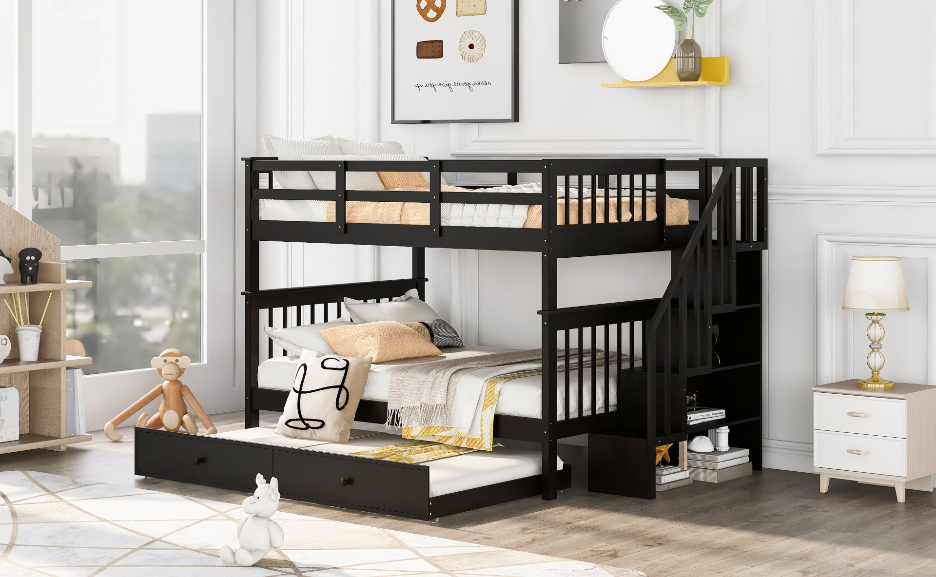 Start2Finish stairway full-over-full bunk bed with twin trundle, storage drawers, and guard rail in a bedroom setting