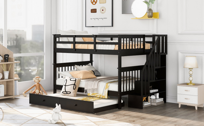 Start2Finish stairway full-over-full bunk bed with twin trundle, storage drawers, and guard rail in a bedroom setting